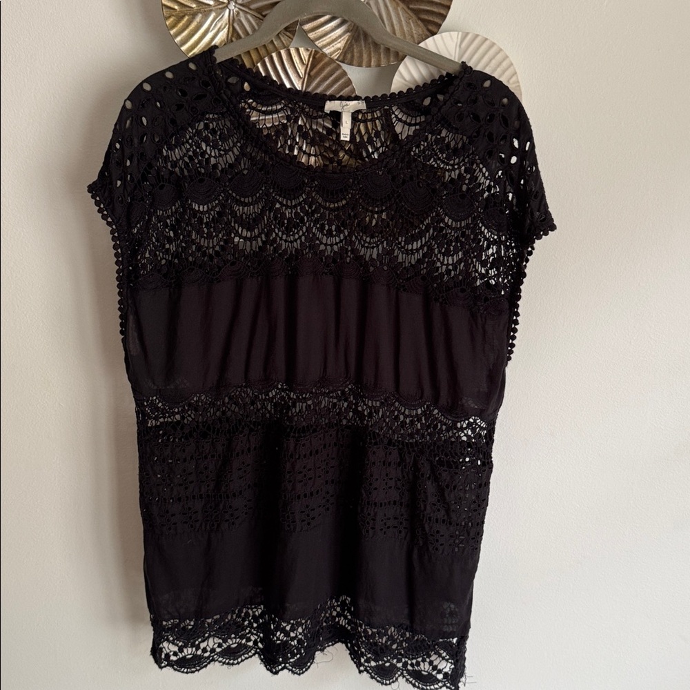 Joie Women's Lace Panel Short-Sleeve Top - Black size l